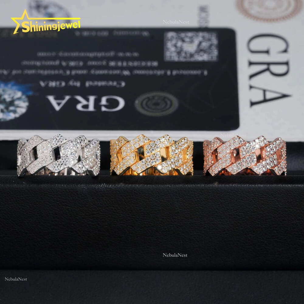 Factory Direct High Quality Hip Hop Two Row Sterg Sier Moissanite Iced Out Cuban Ring