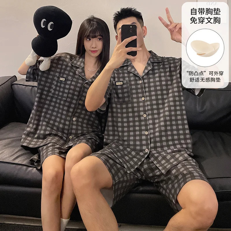 Couple cardigan wool sweater sleepwear summer womens sleepwear set with bra pad mens short sleeved sleepwear para parejas Hombre 250408