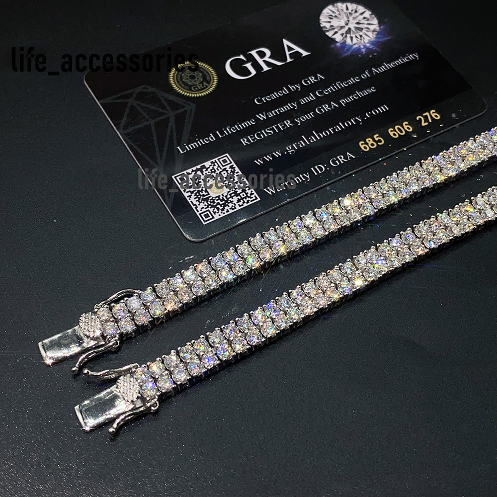 Hip Hop Jewelry 2 Rows Tennis Bracelet Jewellery VVS 3mm Moissanite 925 Sterling Silver Tennis Chain