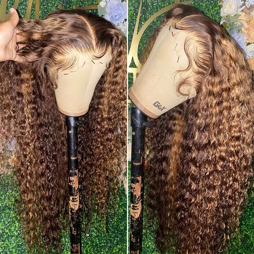 Women's 250% Density Glueless HD Frontal Wig Pre-Plucked Honey Blonde Ombre Highlights Deep Wave Curly Human 13X4 Lace With 4/27 Colored Real Hai