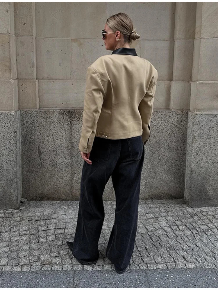 Elegant Patchwork Top For Women Turndown Collar Long Sleeve Double Slider Zipper Jacket Summer Female Commute Outerwear 251103