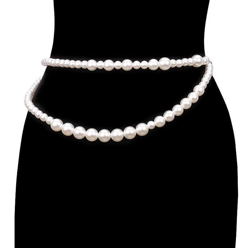 Warm and elegant Immersion pearl waist chain sexy double-layer beads shell metal chain belt hot trend body chain jewelry X250410