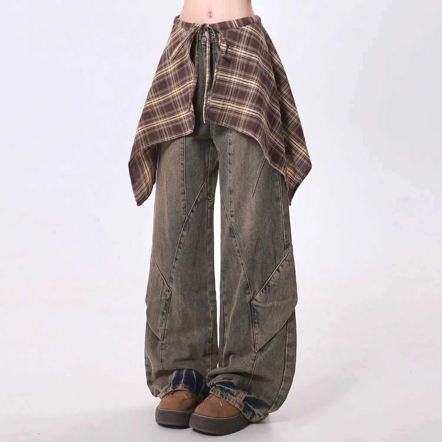 American Vintage Jeans for Women Fake Two Pieces with Skirt Autumn New Loose Spicy Girl Streetwear Straight Wide Leg Pants C251110