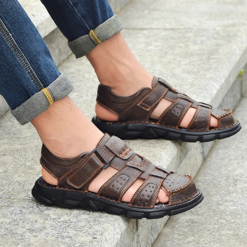 Mens leather casual shoes high-quality classic mens sandals summer outdoor walking mens sports shoes breathable mens sandals 250408
