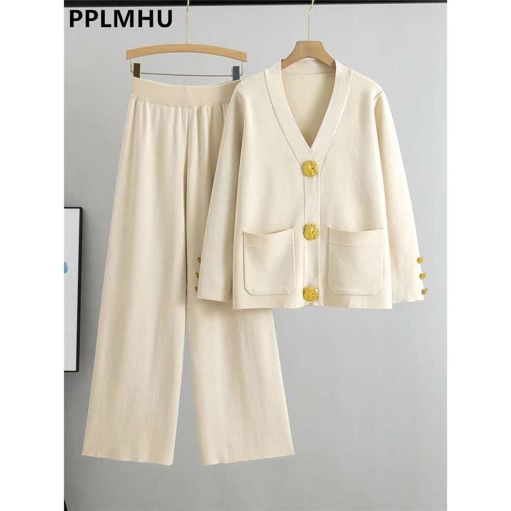 Fall Winter Women's Knit Sweater Sets Large Gold Button V-Neck Cardigan Coats Conjunto High Waist Baggy 95Cm Wide Leg Pants Suit