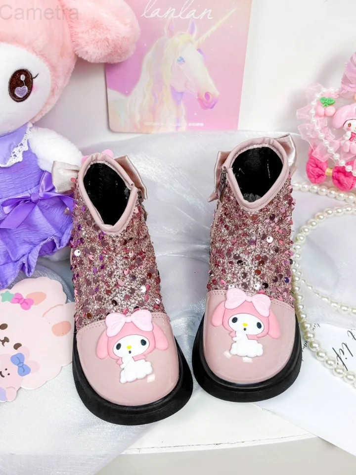 Sanrio Kuromi My Melody Childrens Short Boots Girl Princess Leather Shoes Sequin Baby Autumn Soft Sole Non Slip Casual Shoes H251110