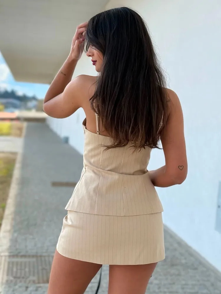 arrival of RARA summer womens pleated striped slim suspension top high waisted Aline mini skirt 250410