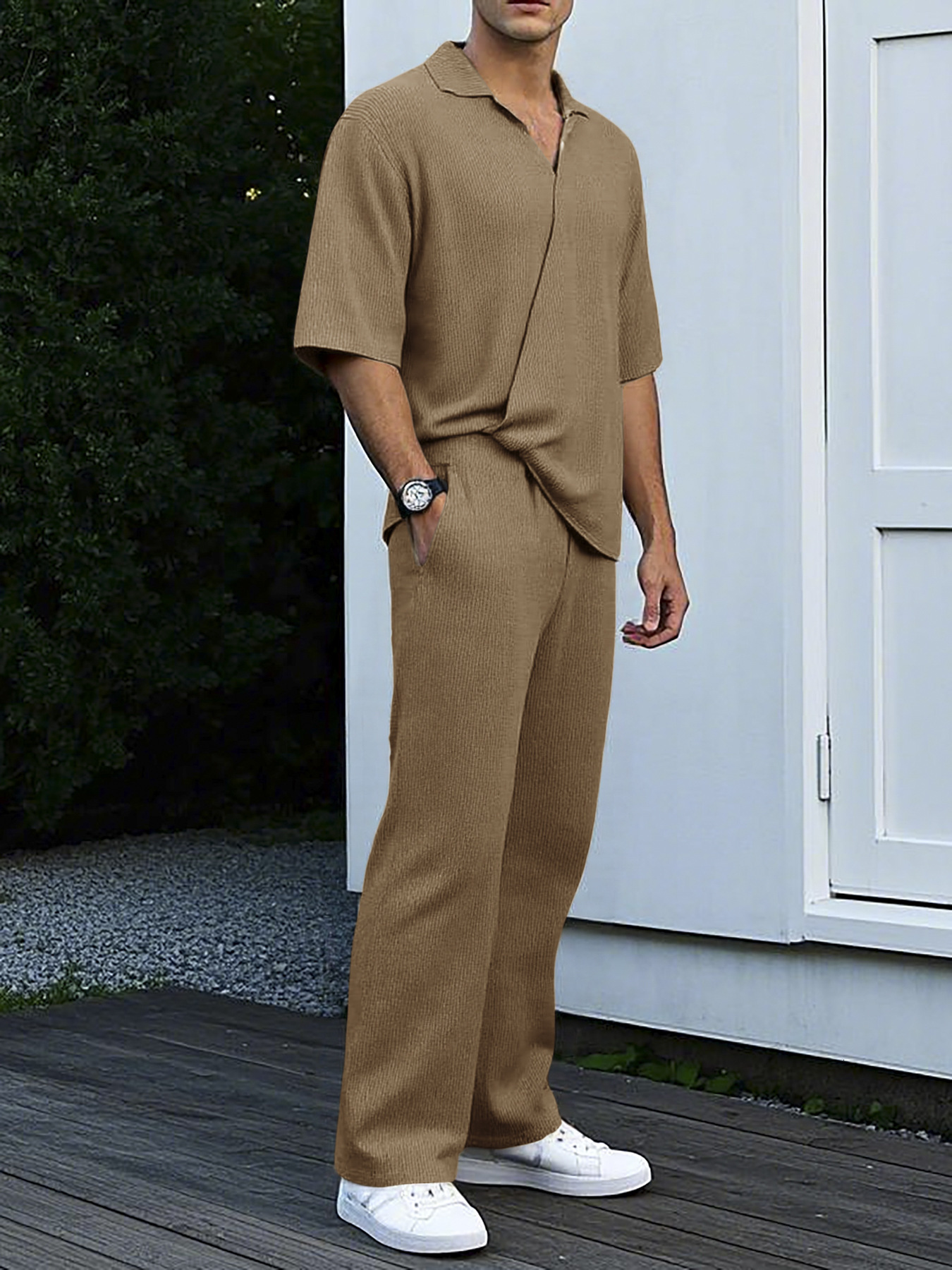 Spring and summer new commuter Japanese drama mens casual bubble wrinkled solid color short sleeved long pants two-piece set