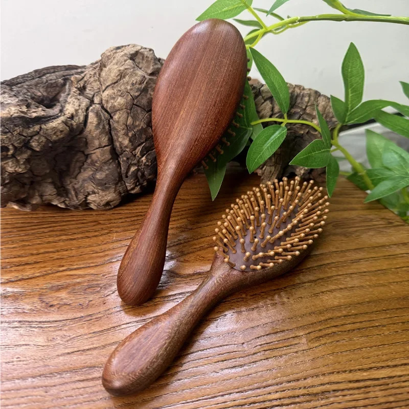 Golden Sandalwood Air-Cushion Hairbrush - Vintage Wooden Scalp Massager for Long Hair Care 251107