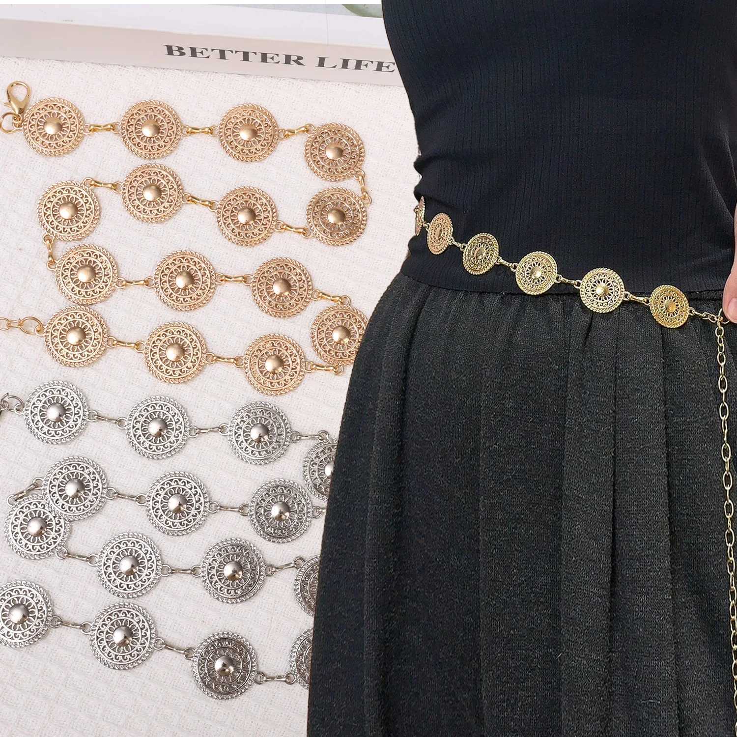 Vintage metal waist chain elegant womens disc Bohen body chain Wen fashionable circular pendant circular waist chain X250410