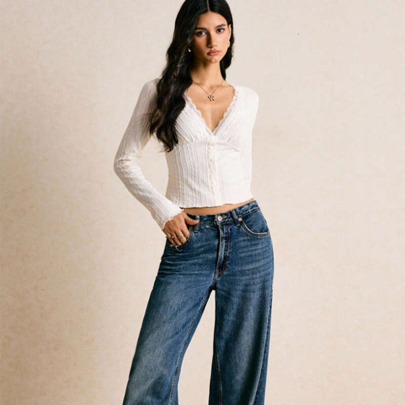 Rui Chuo Cross-Border Amazon Foreign Trade European and American Slim Fit Long Sleeve T-Shirt Autumn Winter Elegant Lace V-Neck Base Shirt for Women