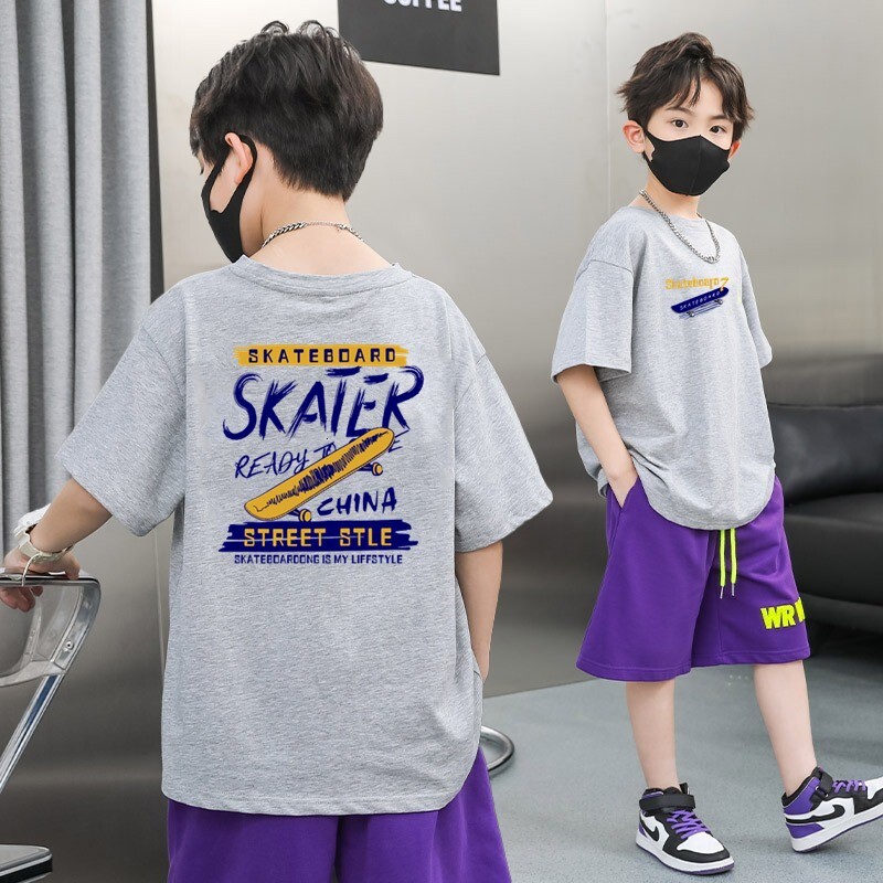 GS- Ddmyshoesvip Boys Short Sleeved Pure Cotton Loose Shoulder Top Summer Clothing Boys Big Children S T Shirt Trendy