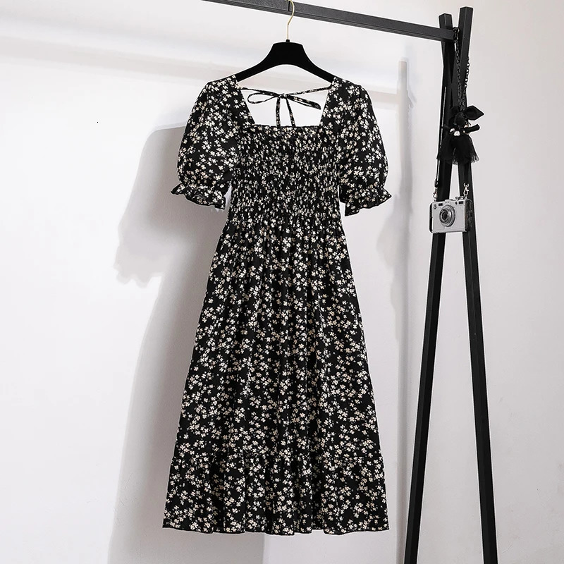 Summer pleated womens chiffon dress casual beach holiday short sleeved square neckline womens Midi dress Bohemian unprinted Vestidos 250409