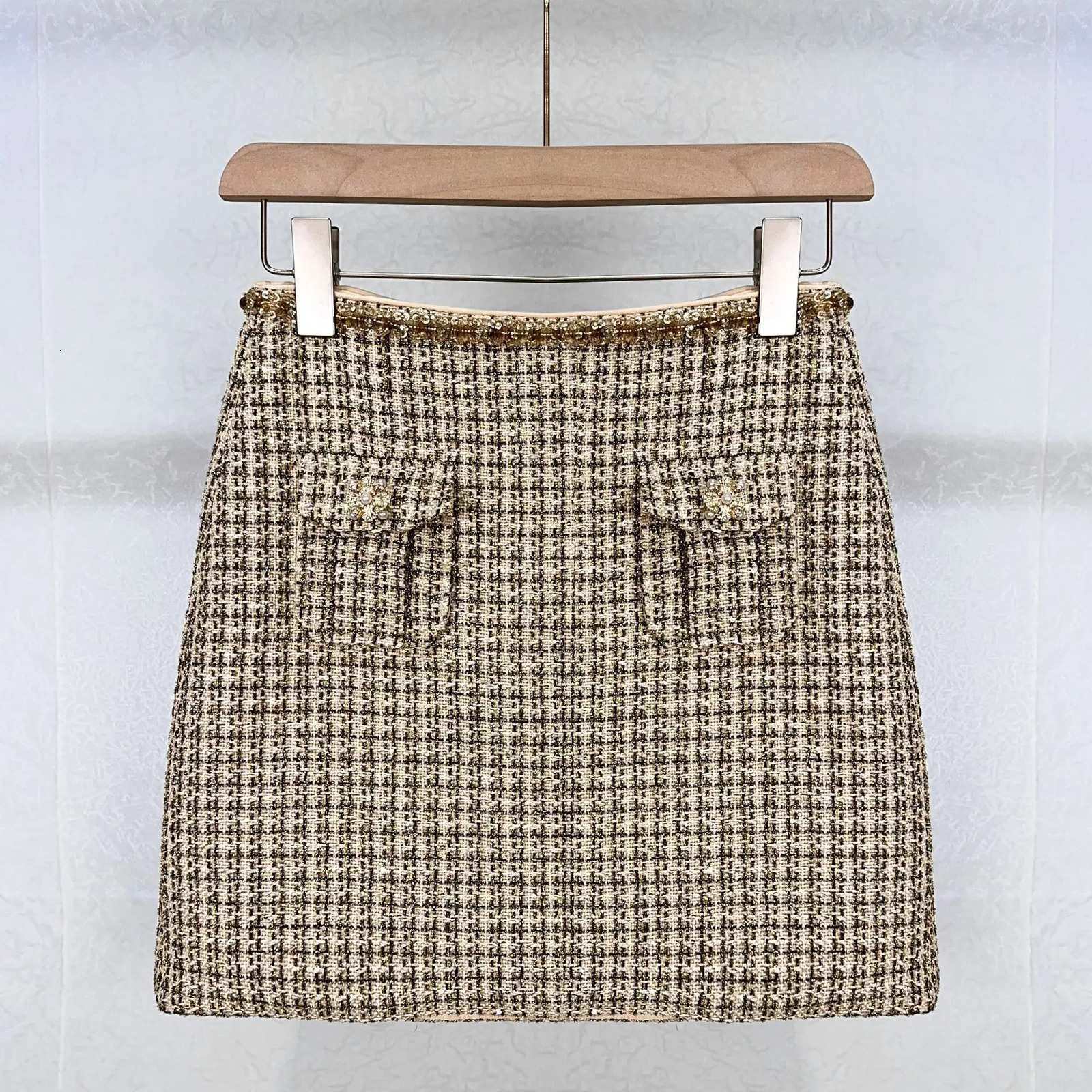 Autumn Winter Small Fragrant Style Gold Plaid Coarse Knitted Two Piece Set Women Suit Coat Tweed Jackets Midi Long Skirts Sets 251110