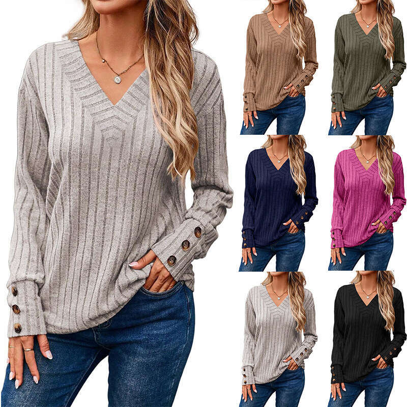 2025 Autumn Winter New European and American Cross-Border Fashion Amazon Women's Long Sleeve V-Neck Shirt Solid Color Button T-Shirt