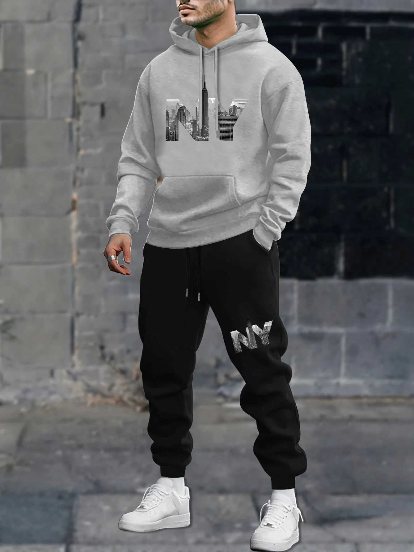 Mens autumn and winter casual fashion warm New York NY pattern print loose and plush thick hooded sweatshirtsports pants set W251110