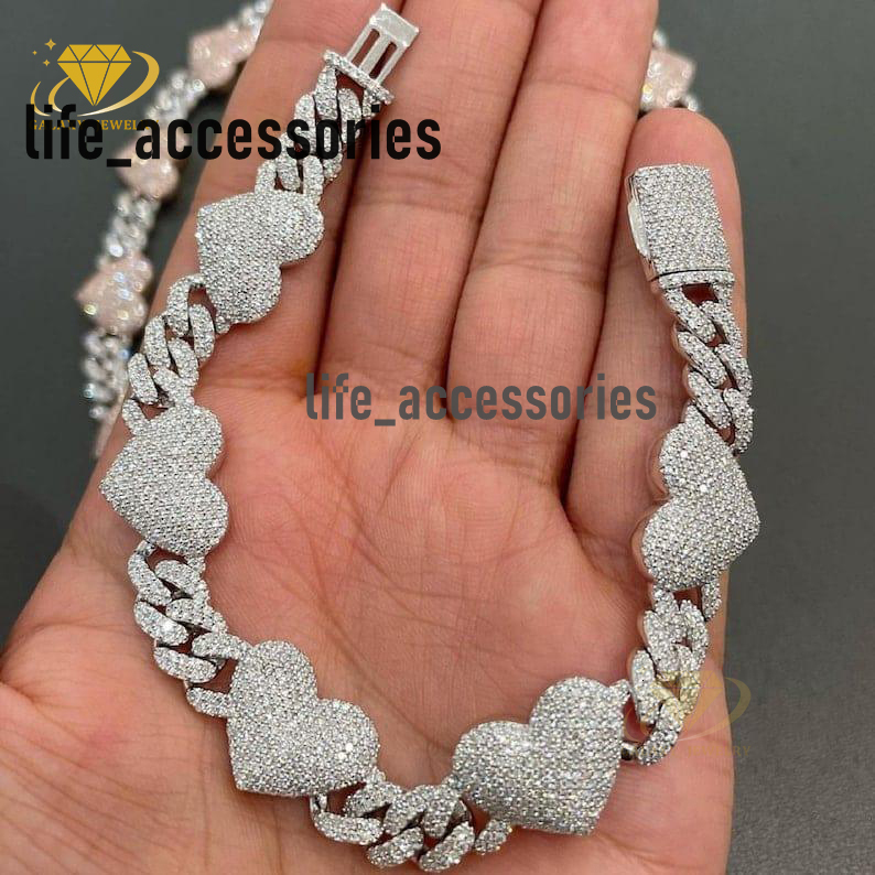 Fashion 14mm Heavy Heart Love Cuban Bracelet Hiphop 925 Pure Silver Iced Out Full Moissanite Diamonds Woman Cuban Link Chain