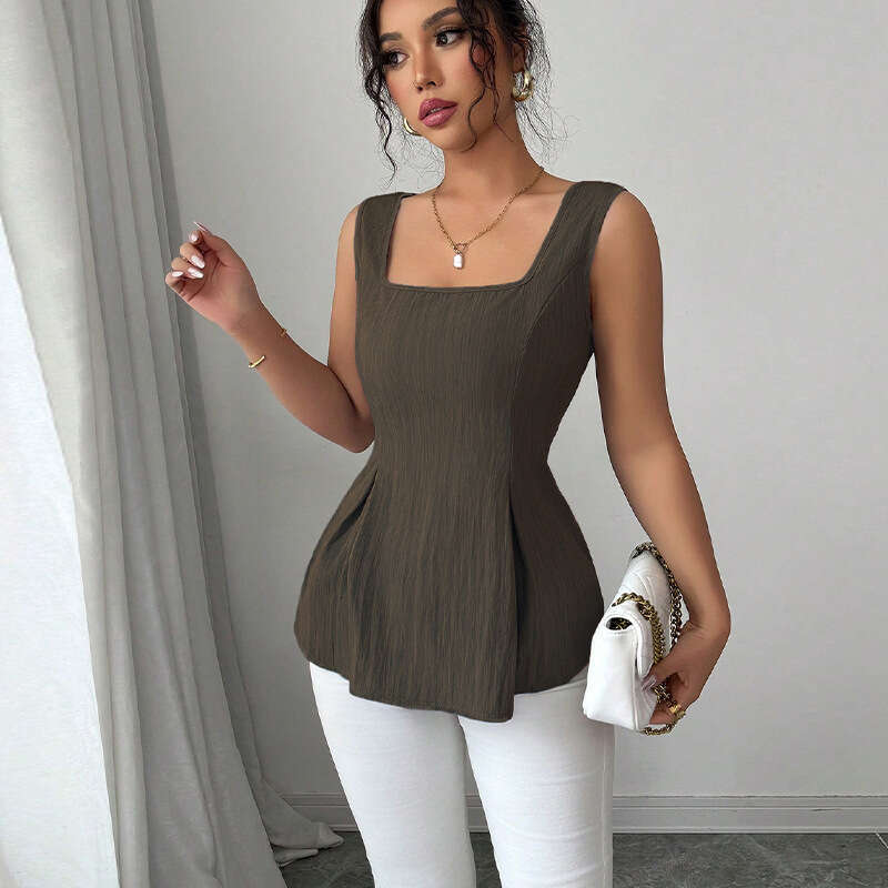 Rui Chuo Cross-Border Indepdt Station Foreign Trade European and American Solid Color Tank 2025 Summer Commuting Style Waist-Cinching Sleeveless Top f