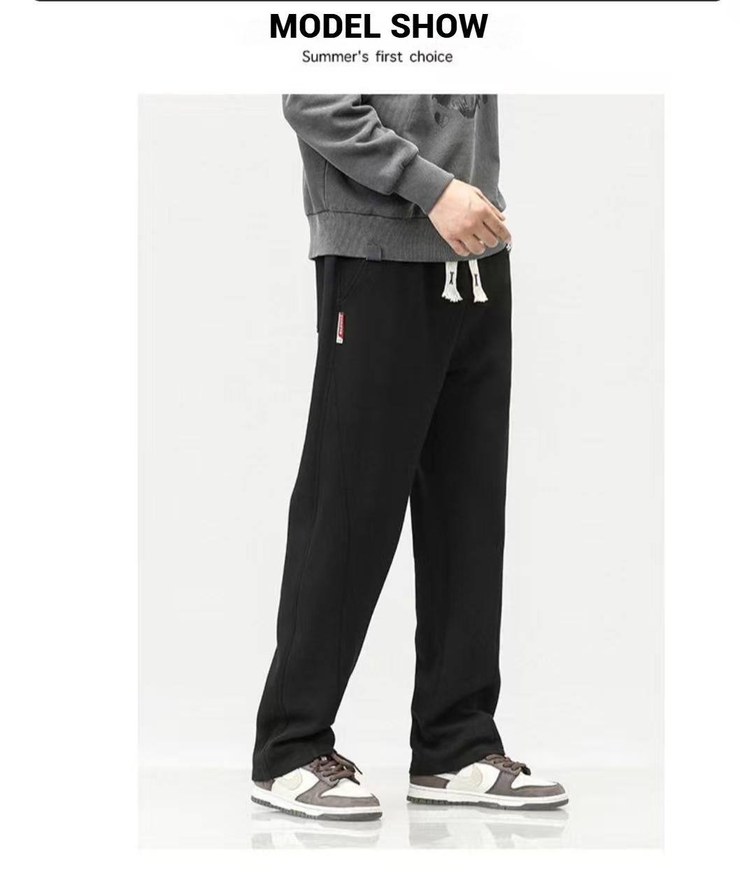 Men's Extra-Long Black Knit Pants - Loose Straight-Leg Trendy Trousers 3020