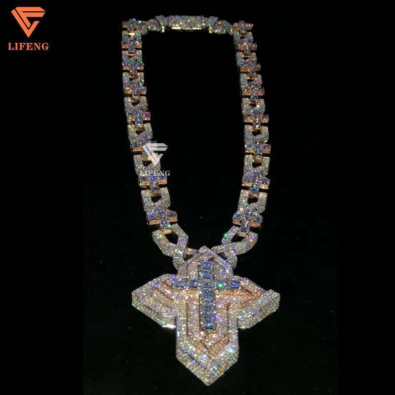 Lifeng Jewelry Bust Down VVS Moissanite Two Tone Cross Pendant Hiphop Sterling Silver Diamond Charm Necklace Jewelry Set