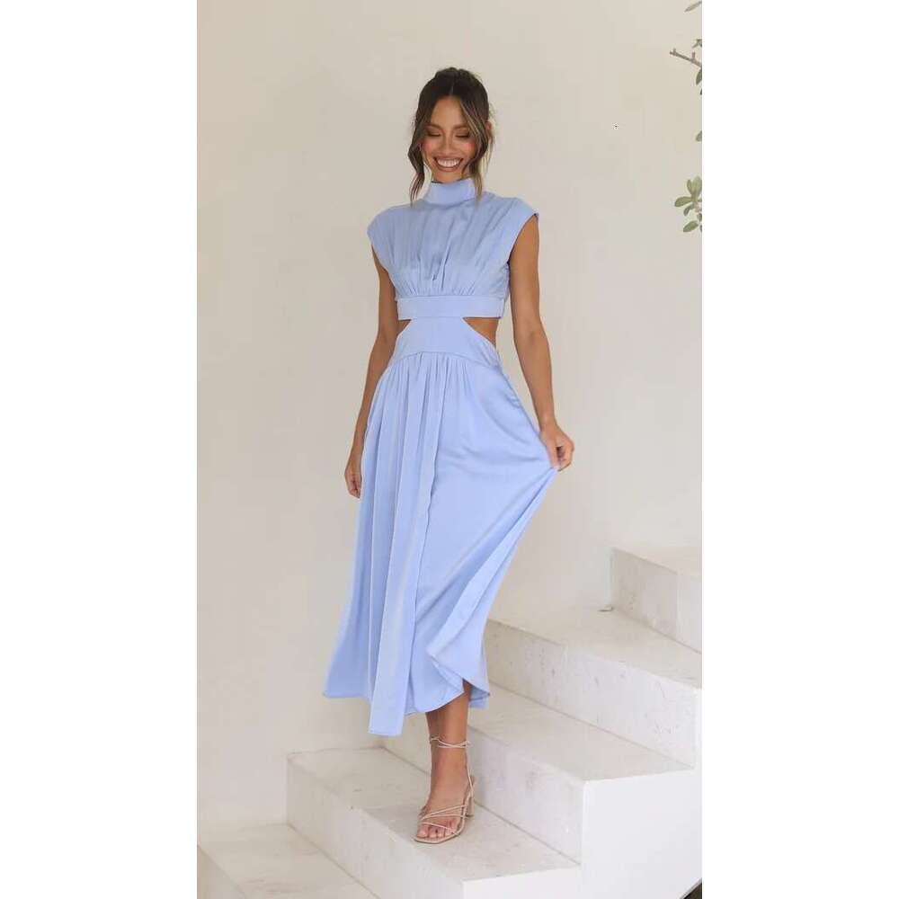 2023 European and American Foreign Trade Sweet Fashion Street Summer New Stand Collar Solid Color Waist-Exposing Long Dress 23003