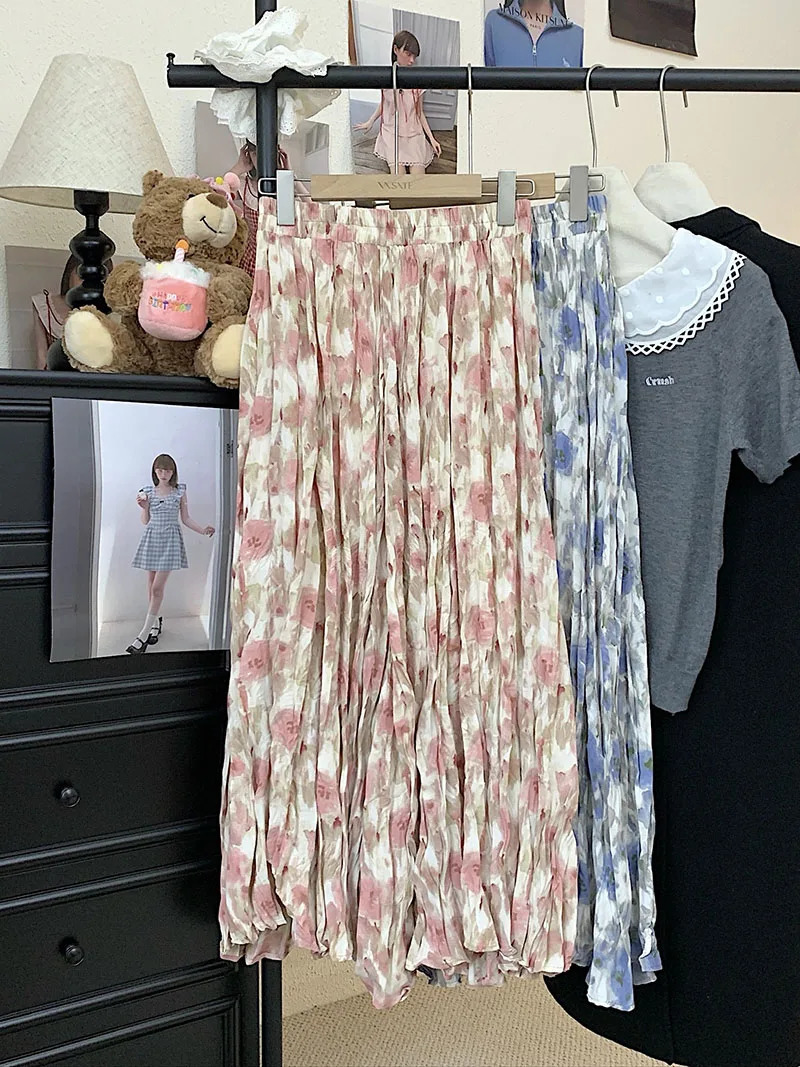 Spring pleated printed skiing womens Korean fashion holiday long festival elegant high waisted slim fairy skirt 250410