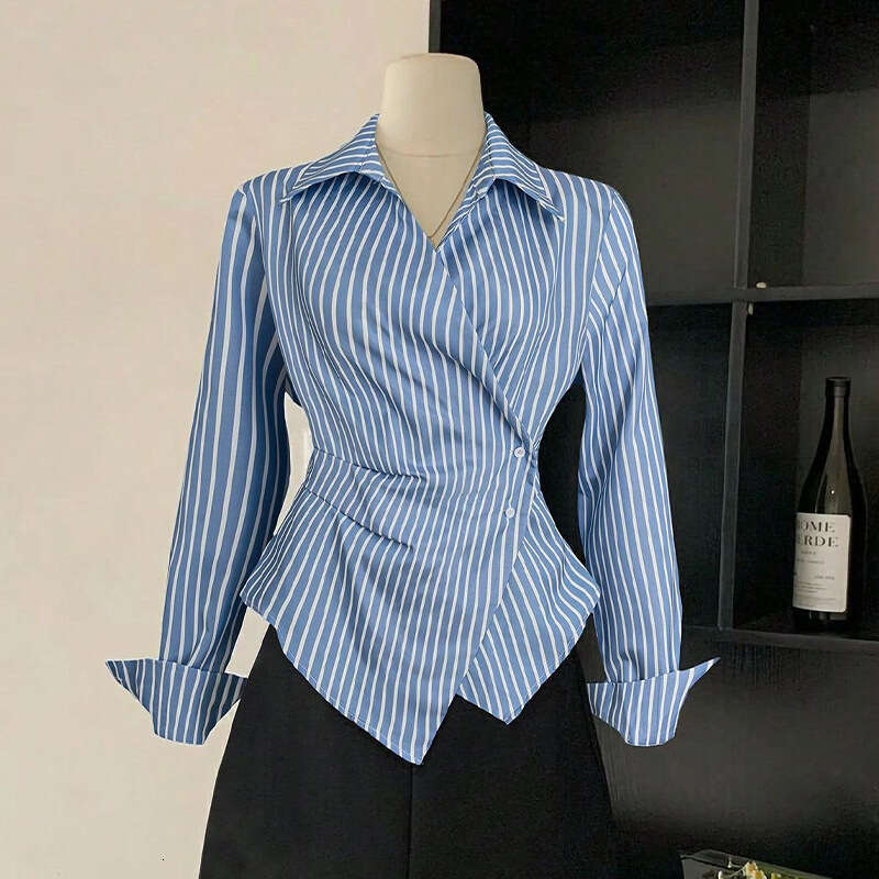 Cross-Border Foreign Trade Women's Fashion Elegant Striped 2025 Autumn New European and American Style Long Sleeve Shirt Cardigan Irregular
