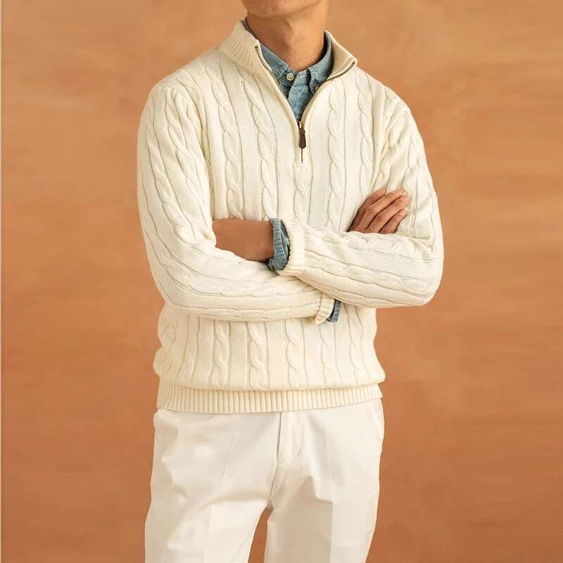 Men's Light Turtleneck Jacquard Knit Zipper Pullover Leisure Vintage Solid Color Long Sleeve Sweater Korean Style Clothes