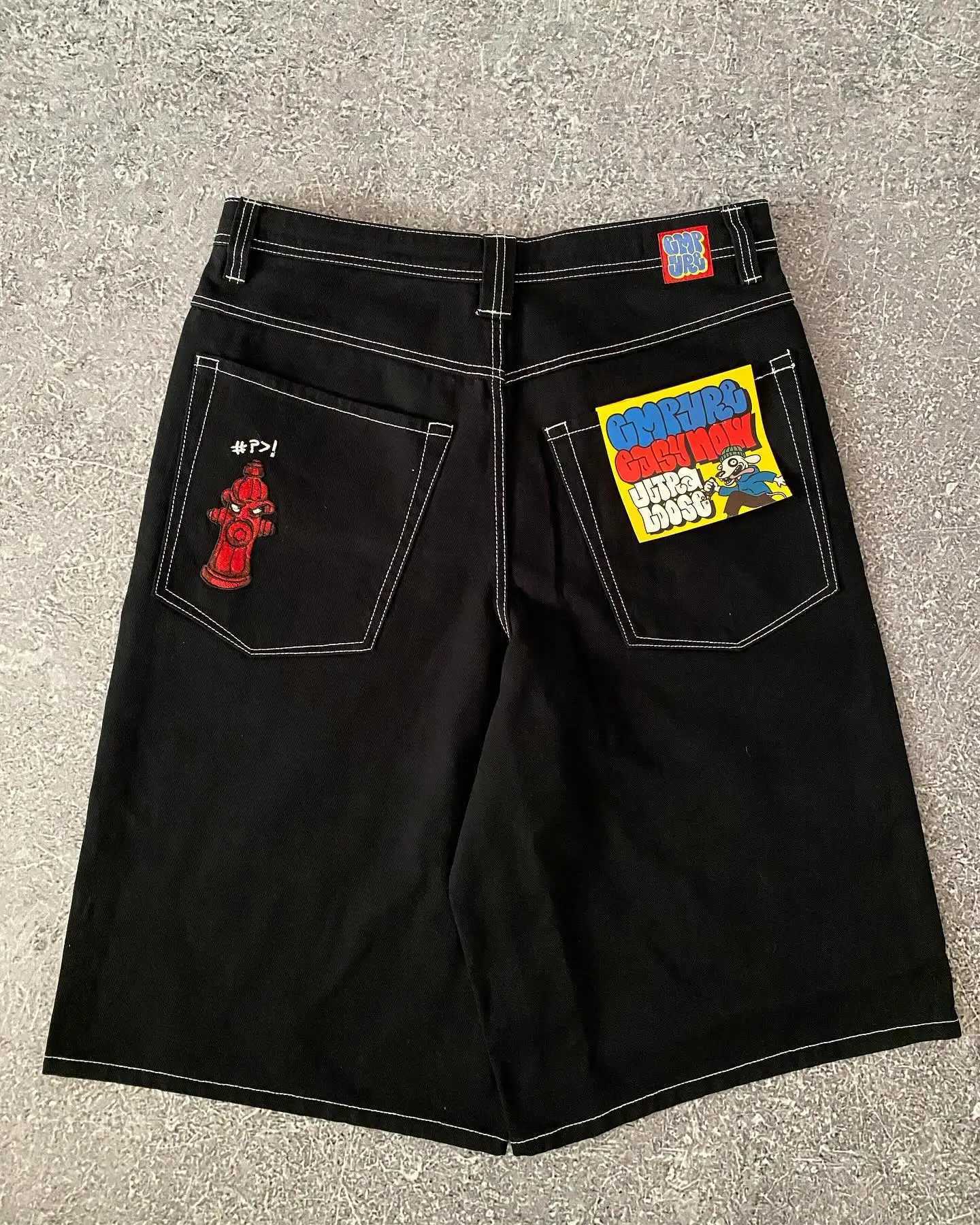 Streetwear Empyre shorts Y2K Gothic hip-hop cartoon embroidered pocket jeans denim gym shorts high waisted mens basketball shorts W250410
