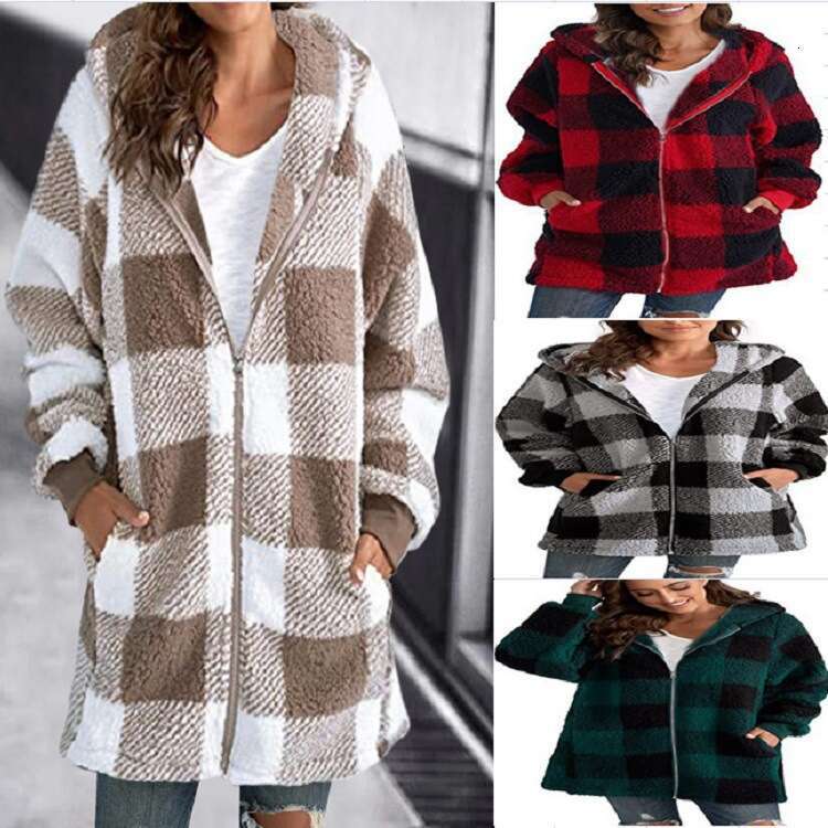 European and American Style Plush Women's 2024 New Amazon Long Sleeve Plaid Hooded Zipper Pocket Loose Jacket