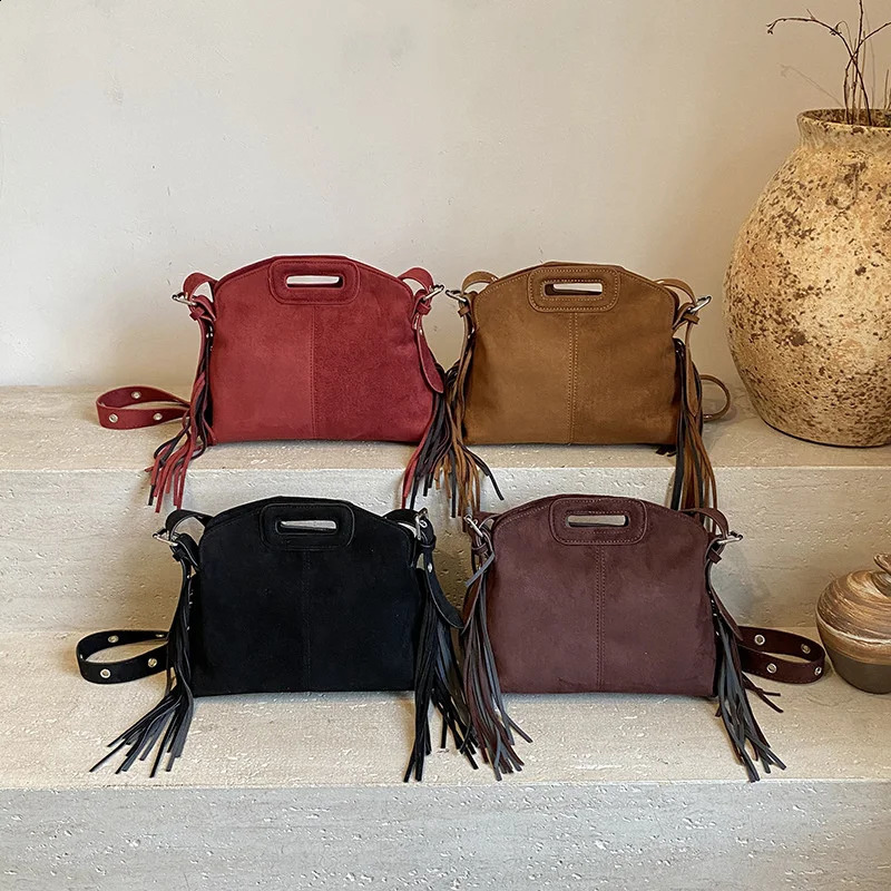 Suede Womens Shoulder Bag Retro Tassel Crossbody Bag Bucket Handbag 251106