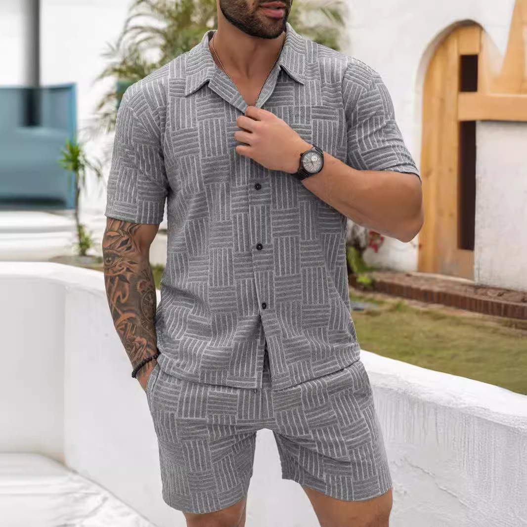 2024 Summer New Mens Leisure Sports Set Jacquard Knitted Shirt Mens Short Sleeve Set Trendy