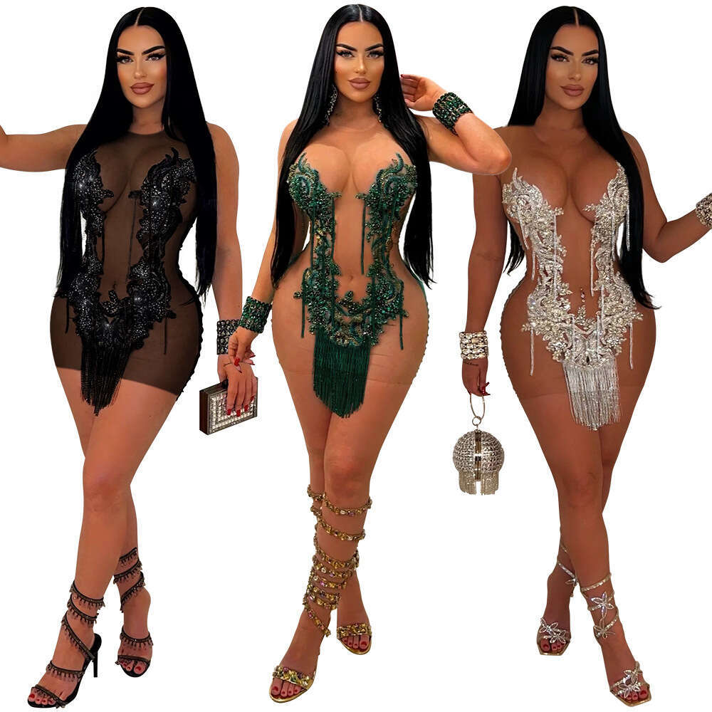 Style Sequin Sheer Fringe Sexy Bodycon Sleeveless Short Night club maxi dress SEXY DRESSES FOR WOMEN