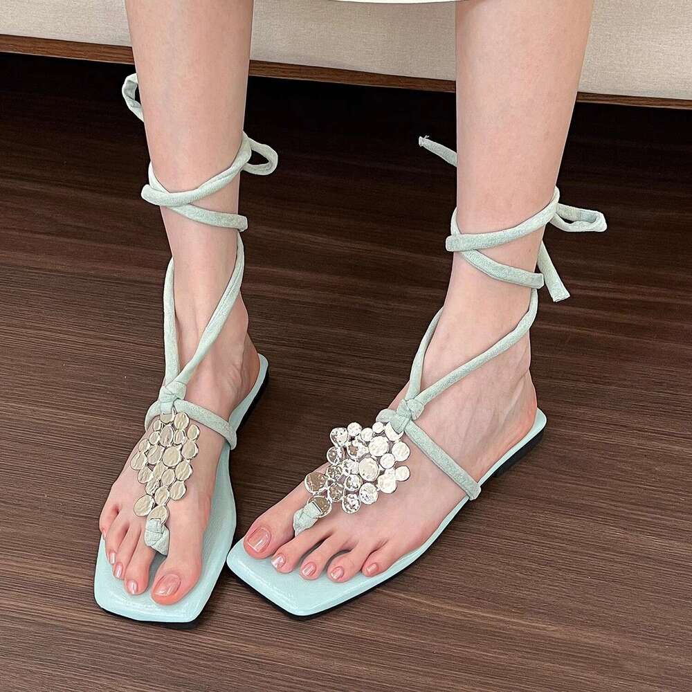 Woman Sandals Summer Square Toe Sandals Metal Low Heel Flat Roman Sandals With Fairy Style Cross Straps Beautiful Women S Shoes