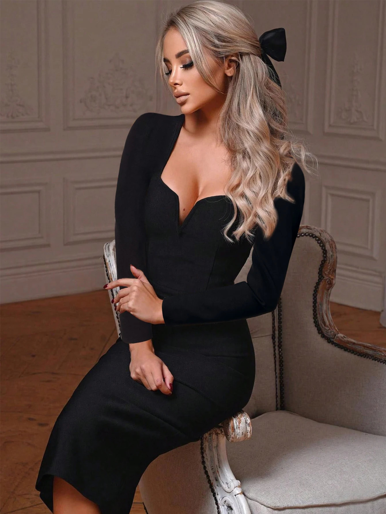 Womens Fantasy Long Sleeve V Neck Midi Bodycon Dress Summer Bandage Black Elegant Wedding Evening Cocktail Party Se 251110