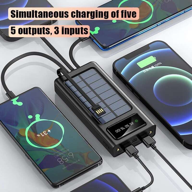 2000000mAh Solar Portable 4 Built-in Cables External Battery LED Light Power Bank For Xiaomi Samsung
