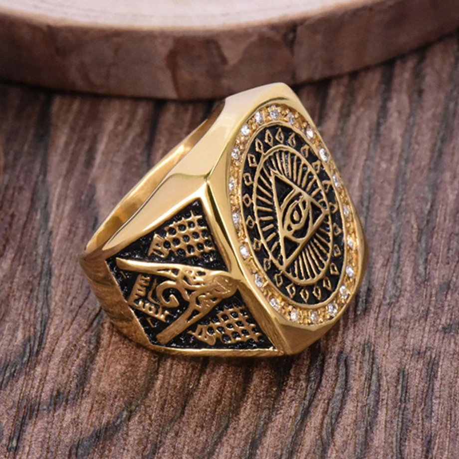 Punk Coin Pyramid All-Seeing Eye of Providence Rings Gold Color Stainless Steel Big Square Rings for Men Illuminati Jewelry Gift 251110