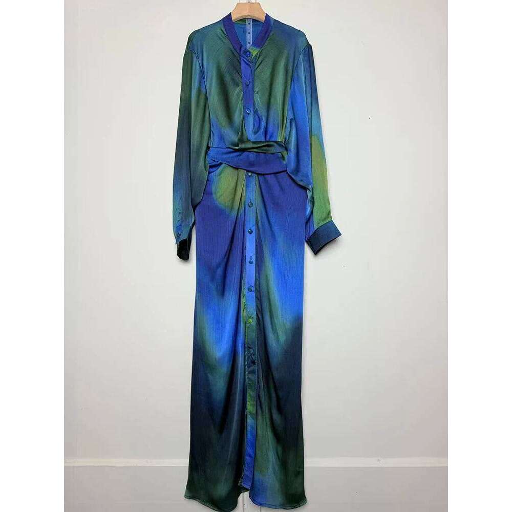 Vintage Geometric Printed Stand Collar Twist Waist Dress 2025 Spring Women's Single Breasted Shirt Loose Straight Skirt