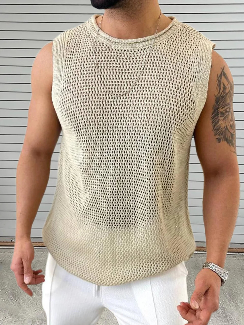 2025 Fashion Summer Knitwear Mens Round Neck Sleeveless Hollow Pullover European and American Tank Top 250407