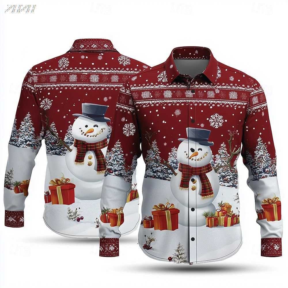 2025 Mens Snowman Snowflake Christmas Shirt 3D Print Button Up Collared Funny Holiday Long Sleeve Spring Fall Party Wear K251110
