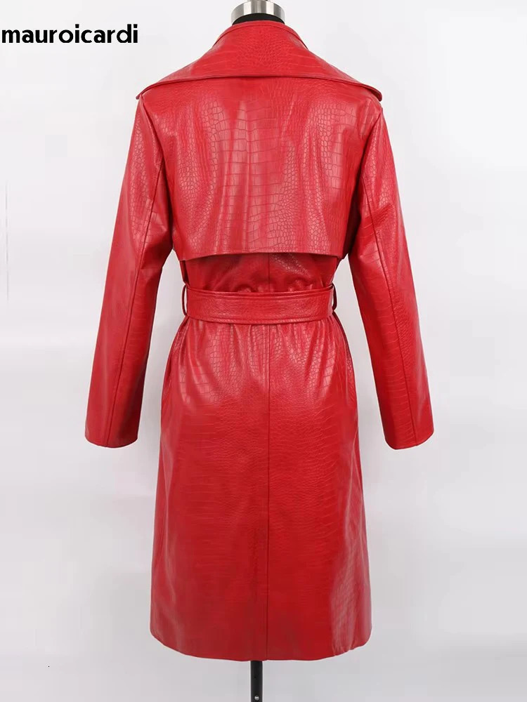 Mauroicardi Spring Long Matte Black Print Pu Leather Trench Coat for Women with Belt Loose Casual Korean Fashion 251105