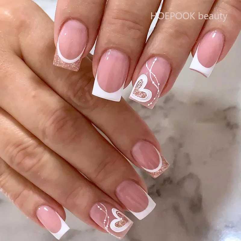 24 pieces of short French fake nail art seamless detachable wearable press complete set with nail accessories and tools W250410