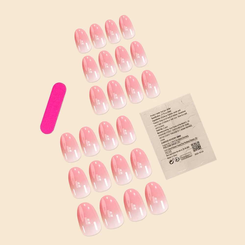 24 pieces/set of simple and fashionable girls short oval shaped pink gradient full coverage wearable fake nails W250410