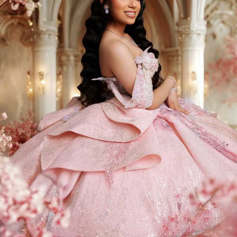 Light Pink Shiny Quinceanera Dresses Ball Gown Off The Shoulder Applique Lace Beading Crystal Bow Tull Corset Tull Party Birthday Sweet 16 Dress Vesti