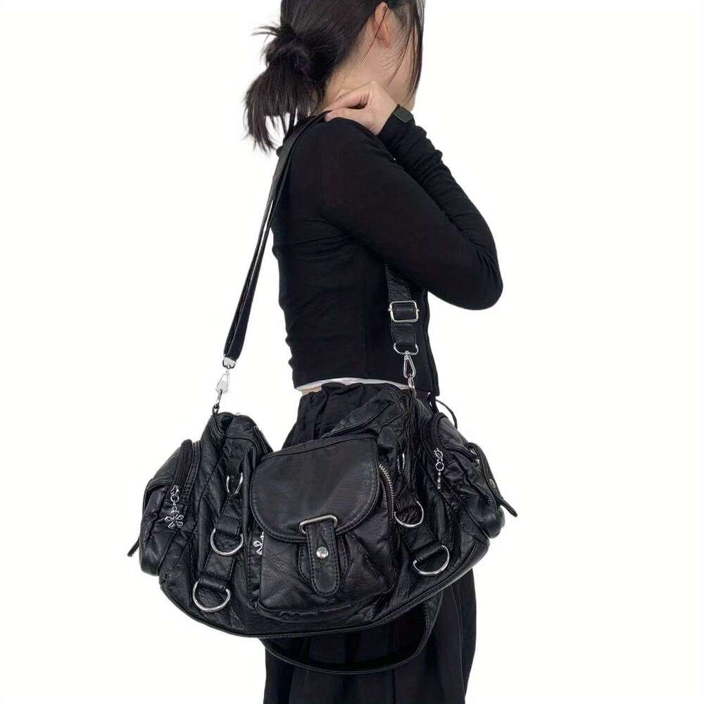 Women Retro Motorcycle Inspired Handbag Large Capacity Multi Pocket Crossbody Handbag With Detachable Strap, Golden Tone Hardware White