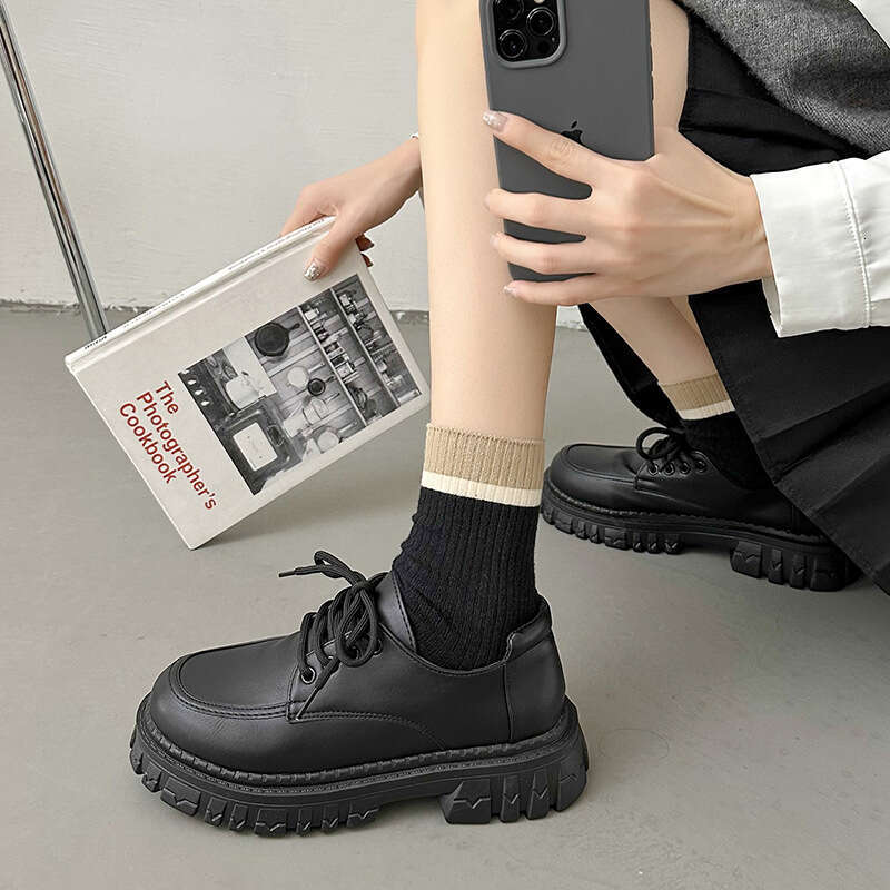 Woman Sandals Autumn And Winter New Black Versatile Thick Soled Casual For Women British Style Fashionable Lace Up Single Shoes JK Academy
