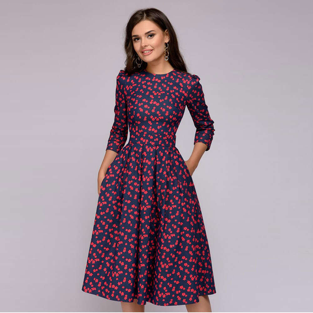 2022wish European and American Autumn Winter Women's A-line Party Retro Small Floral Three-quarter Sleeve Round Neck Dress