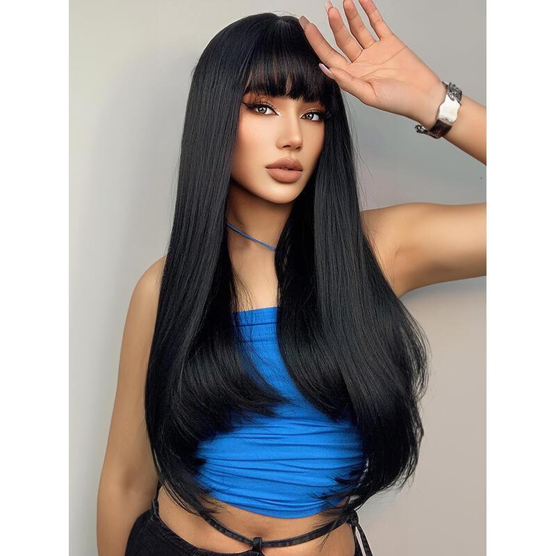 ENTRANCED STYLES Natural Women Long Straight With Bangs Black Hair Wigs Heat Resistant Synthetic Womens Wig For Daily Party Use 24 Inch TY
