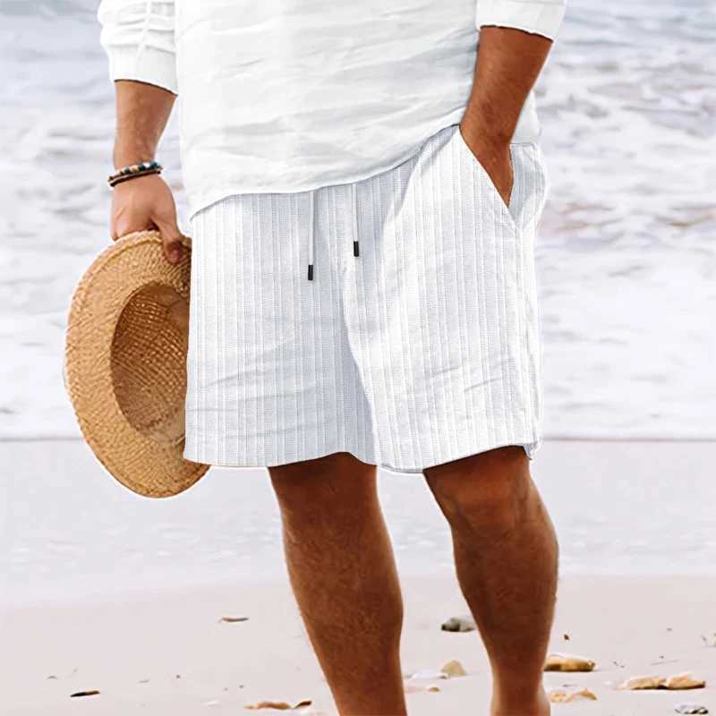 Summer beach mens linen casual loose elastic waist striped shorts with brushed linen cotton track shorts X250410