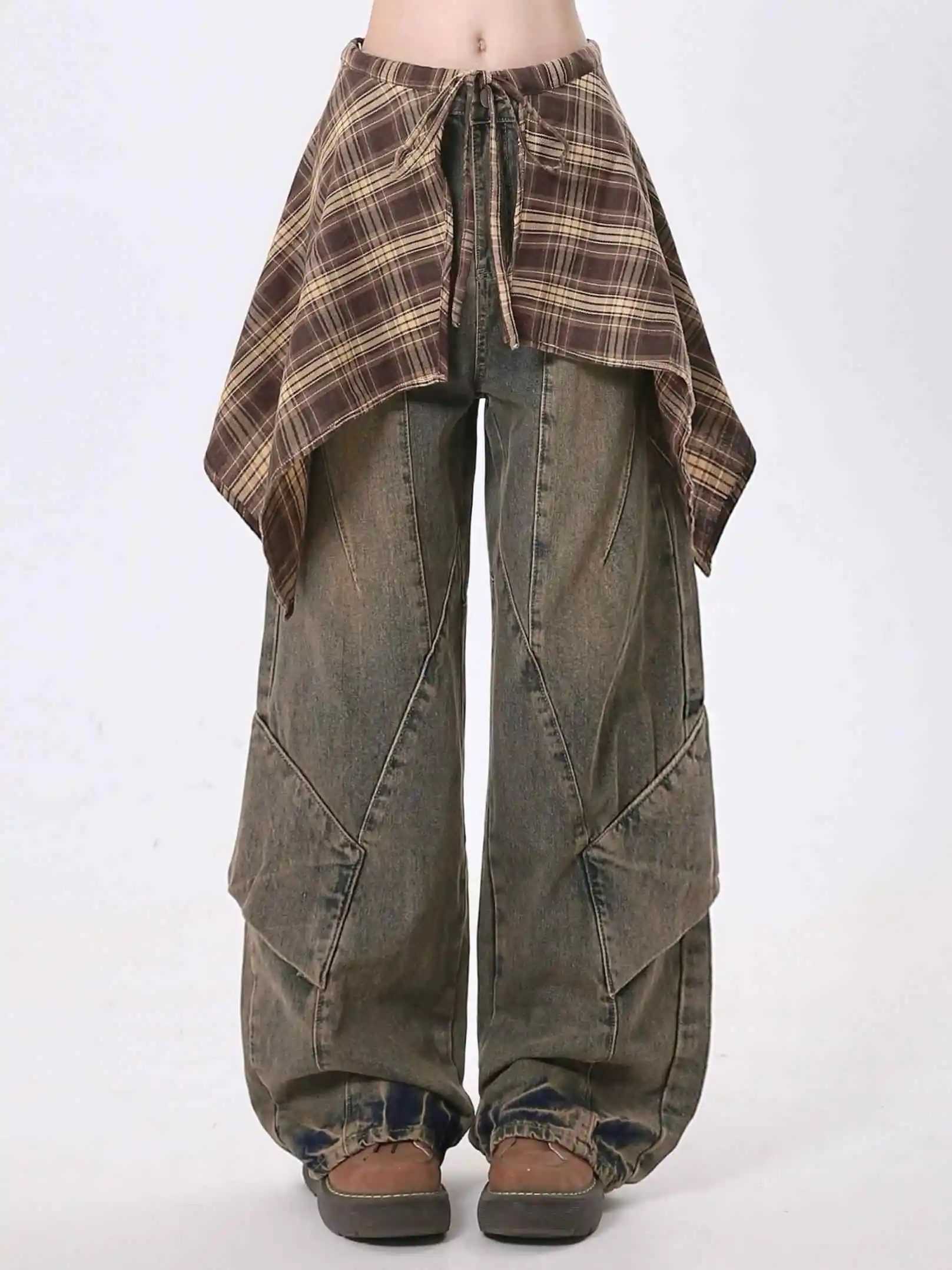 Women Blue Y2k Jeans with Skirt Harajuku Vintage Baggy Denim Trousers Japanese 2000s Style Oversize Jean Long Pants Clothes New C251110